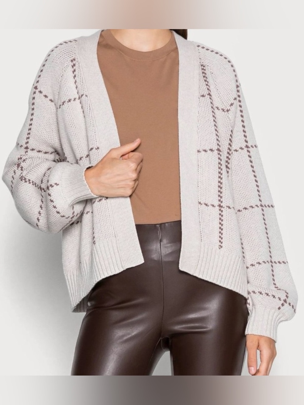 Abercrombie & Fitch Windowpane Open Front Knit Cardigan in Tan/Brown XL
